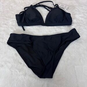 Cupshe Black Strappy Back Triangle Bikini Set CAA12C3A005AA‎ Womens Large NEW